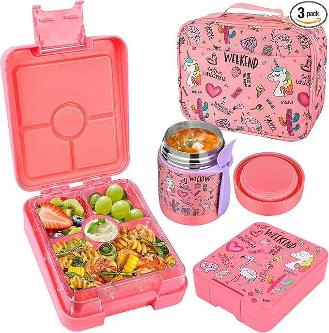 Bento Lunch Box Set With 10oz Soup Thermo, Leak-proof Lunch Containers with 4 Compartment, Kids Hot Thermo Food Jar/Insulation Lunch Bag, Food Containers for School（Flamingo）-CubbioJoy
