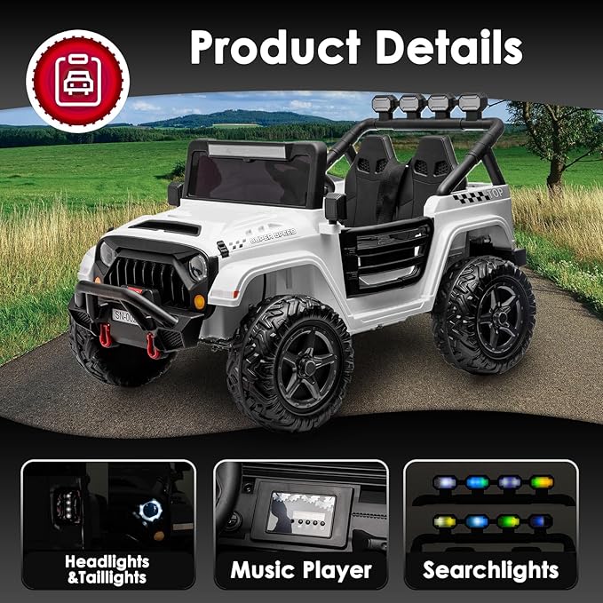 24V 2 Seater Ride On Truck with Remote Control 4WD Electric Car for Kids Ride On Car Battery Powered Ride On Toy Car with Music Player, LED Lights, Bluetooth, Rear Shock Absorber, White-CubbioJoy