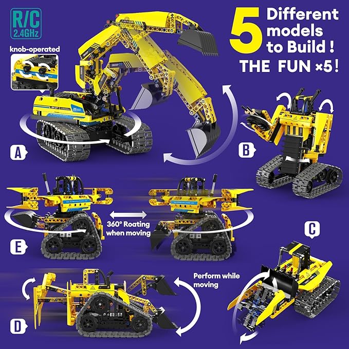 5 in 1 Building Toys STEM Robotics Kit, 430 PCS Blocks RC Robot Erector Sets, APP & Remote Control Excavator Science Kits for Kids Age 6 7 8 9 10 11 12-14, DIY Educational Gift for Boys & Girls-CubbioJoy