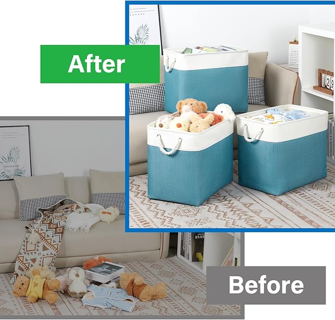 Bidtakay Extra Large Storage Baskets for Shelves 3 Pack Fabric Storage Bins for Organizing Linen Collapsible Organizer for Closet-White&Teal-CubbioJoy