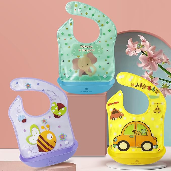 Amplim Baby Feeding Bib (3-Pack) Toddler/Baby Bibs for Eating. Waterproof, Adjustable, Lightweight. Eco-friendly PEVA material. BPA, Lead, Phthalate, Cadmium free-CubbioJoy