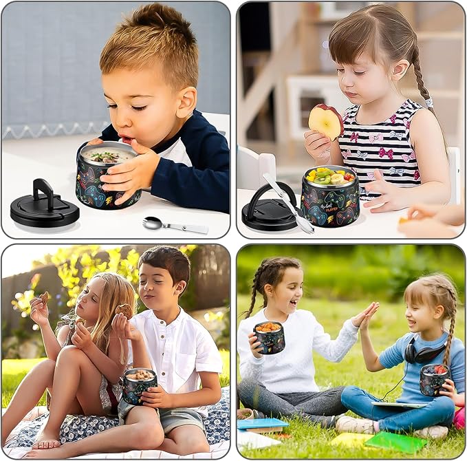 14oz Insulated Vacuum Food Jar with Buckle Lid,Soup Thermo for Hot Food Kids,Wide Mouth Leakproof Stainless Steel Lunch Container with Spoon-Black Game-CubbioJoy