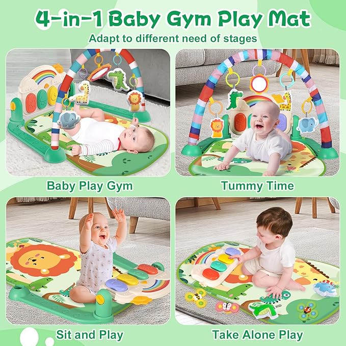 Baby Gyms Play Mats, Tummy Time Mat Toys, Infant Play Mat and Activity Gym, Baby Play Piano Gym Mat, Play Mats for Babies Newborns and Toddlers, Baby Activity Mat Toys 0-3-6-12 Months (Green)-CubbioJoy