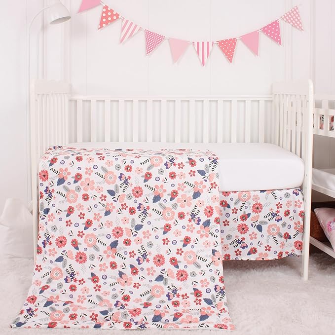 CaSaJa Baby 3-Piece Crib Bedding Set for Boys Girls, Including Soft Quilted Comforter(Blanket), Fitted Crib Sheet and Skirt, Soft Nursery Bedding Set Made of Silky Comfy Materials, Petals Flying-CubbioJoy