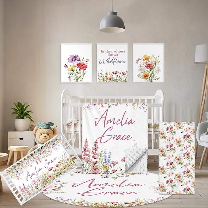 Custom Crib Bedding Set - 5 Pcs Customized Baby Crib Set with Name - Soft Double Layer Flower Nursery Baby Bedding Set for Girls Boys - Personalized for Infants Toddlers-CubbioJoy