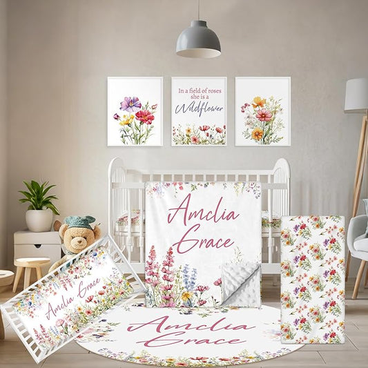 Custom Crib Bedding Set - 5 Pcs Customized Baby Crib Set with Name - Soft Double Layer Flower Nursery Baby Bedding Set for Girls Boys - Personalized for Infants Toddlers-CubbioJoy