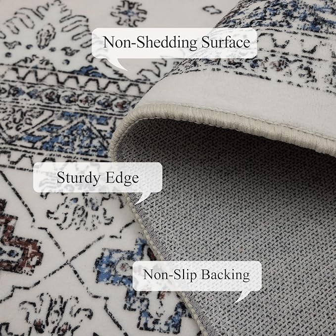 9x12 Area Rug Living Room Rugs, Stain Resistant Washable Rug, Vintage Large Non-Slip Backing, Low Pile Lightweight Print Rug for Bedroom Dinning Room Home Office (White Cream/Gray)-CubbioJoy