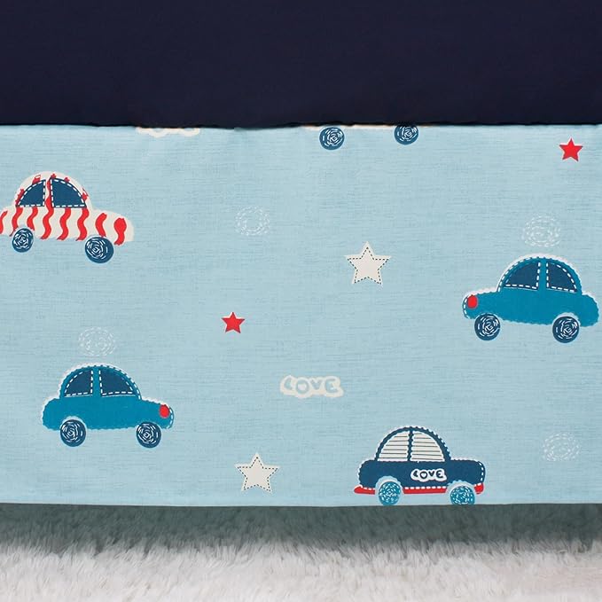 CaSaJa Baby 3-Piece Crib Bedding Set for Boys Girls, Including Soft Quilted Comforter(Blanket), Fitted Crib Sheet and Skirt, Soft Nursery Bedding Set Made of Silky Comfy Materials, Love Cars-CubbioJoy