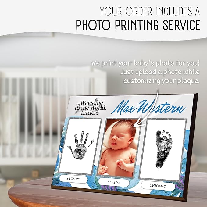 Baby Hand and Footprint Kit with Photo & Birth Details, Inkless Hand and Footprint Kit, Newborn Keepsake Plaque, Baby Shower Gifts (STYLE 1 (Fully Personalized) (Welcome To The World - Baby Boy))-CubbioJoy