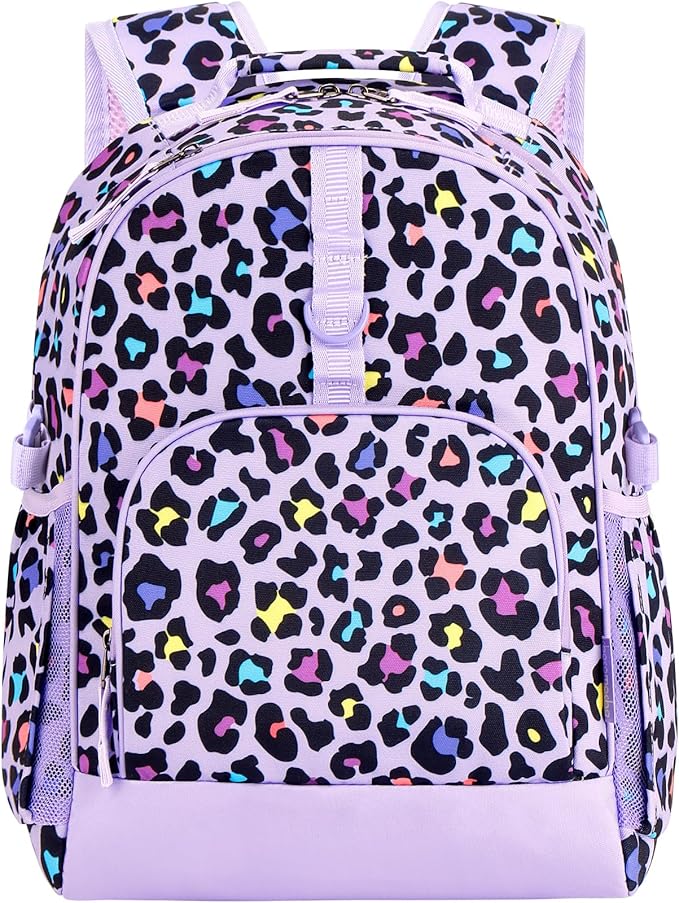 Choco Mocha Cheetah Backpack for Girls, Elementary School Backpack for Girls Ages 6-8 Kids Kindergarten Backpack Large Bookbag 18 Inch with Chest Strap, Purple-CubbioJoy