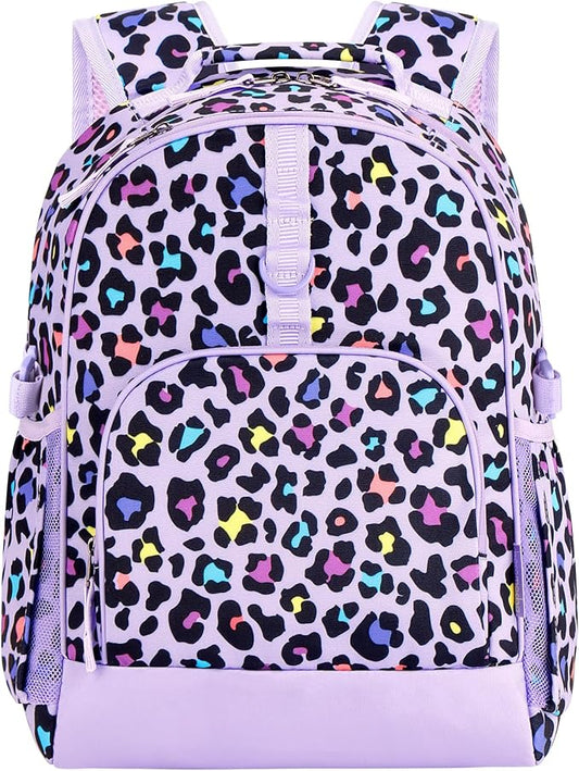 Choco Mocha Cheetah Backpack for Girls, Elementary School Backpack for Girls Ages 6-8 Kids Kindergarten Backpack Large Bookbag 18 Inch with Chest Strap, Purple-CubbioJoy