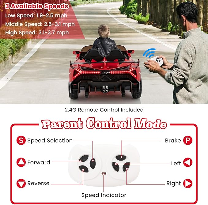 Costzon Ride on Car, Lamborghini Licensed 12V Battery Powered 4WD Sports Car with Remote Control, 3 Speeds, Hydraulic Doors, LED Lights, Towing Wheel, Horn, Music, Electric Vehicle for Kids Aged 3-8-CubbioJoy
