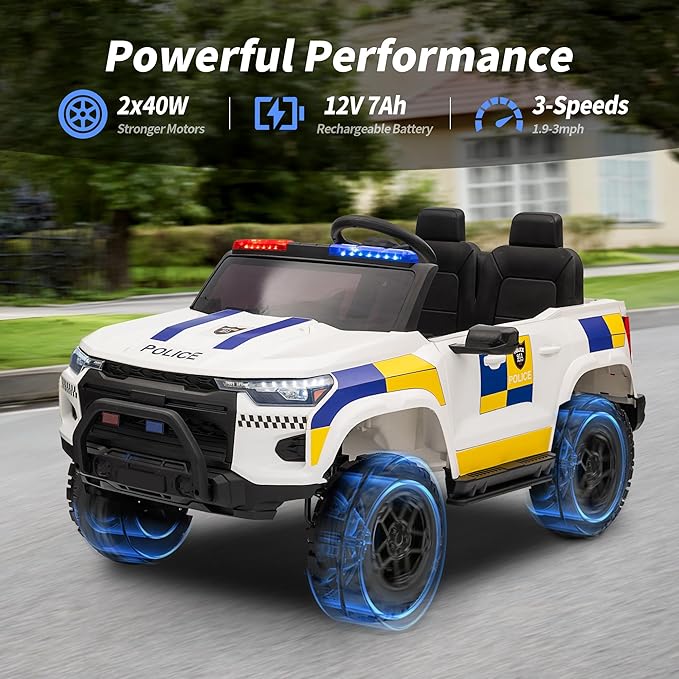 12V 7Ah Electric Police Car Ride on Toy for Big Kids, 2 Seater Kids Ride on Car SUV w/Remote Control, Bluetooth - White-CubbioJoy