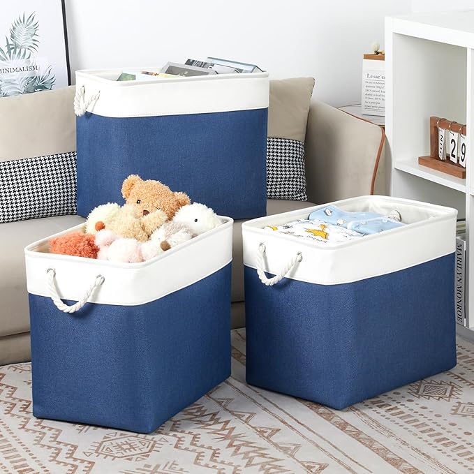 Bidtakay Extra Large Storage Baskets for Shelves 3 Pack Fabric Storage Bins for Organizing Linen Collapsible Organizer for Closet-White&Blue-CubbioJoy