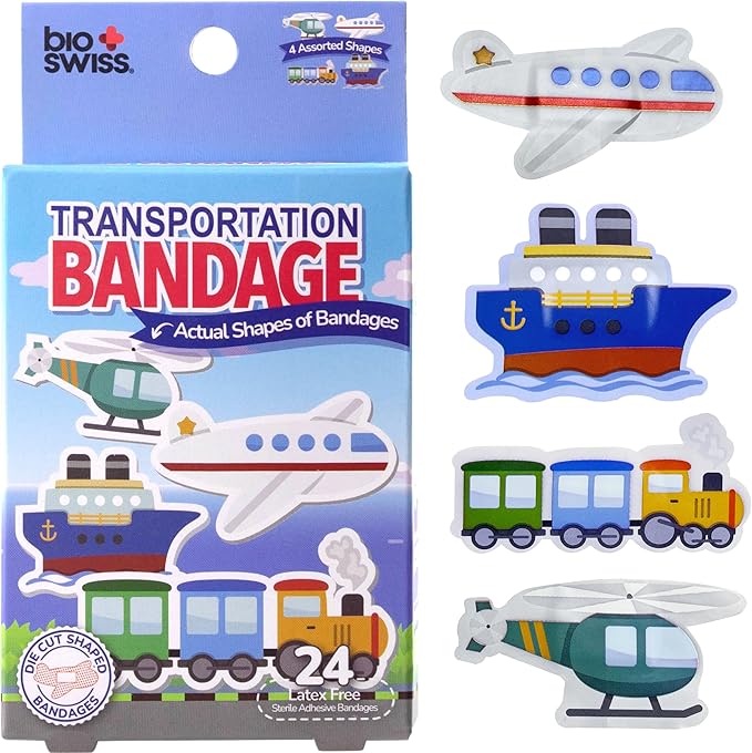 BioSwiss Bandages, Transportation Shaped Self Adhesive Bandage, Latex Free Sterile Wound Care, Fun First Aid Kit Supplies for Kids and Adults, 24 Count-CubbioJoy