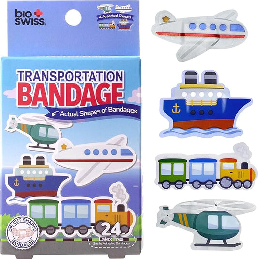 BioSwiss Bandages, Transportation Shaped Self Adhesive Bandage, Latex Free Sterile Wound Care, Fun First Aid Kit Supplies for Kids and Adults, 24 Count-CubbioJoy
