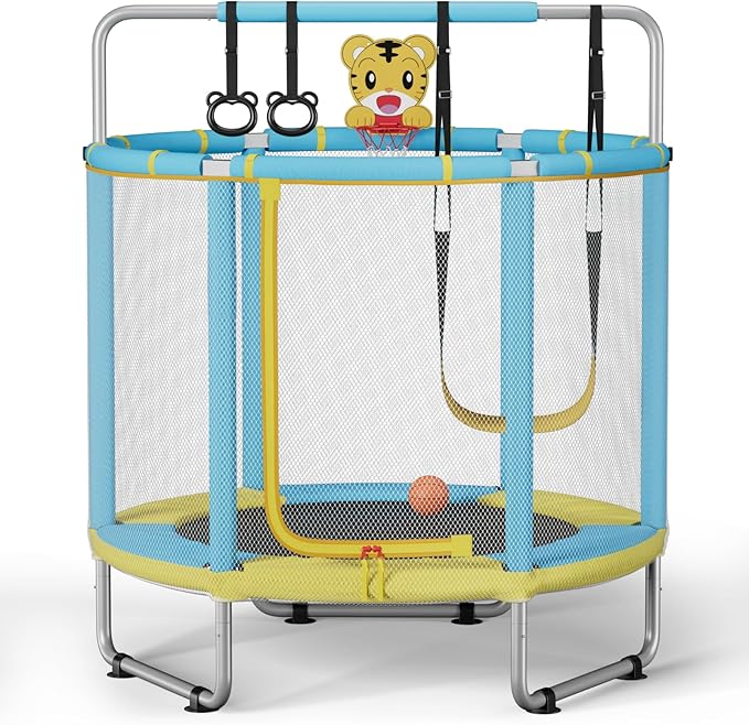 55” Trampoline for Kids, Powder-Coated Mini Trampoline for Toddlers, Indoor Outdoor Toys with Adjustable Gymnastics Bar, Swing, Basketball Hoop, Birthday Gifts for Boys & Girls Ages 1-8-CubbioJoy