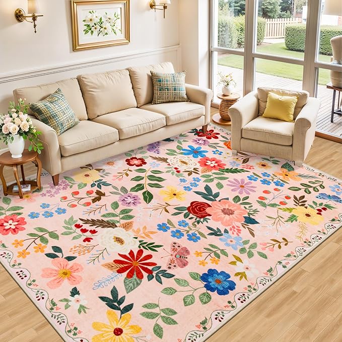 6x9 Area Rugs for Living Room: Floral Washable Rug Vintage Large Soft Boho Non-Slip Carpet Indoor Floor Stain Resistant Thin Carpets for Bedroom Dining Room Farmhouse Nursery Hallway Home Office Beige-CubbioJoy