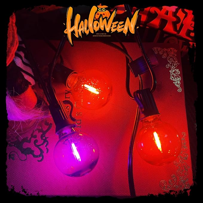25FT Outdoor Halloween String Lights, G40 Outdoor Halloween Decorations Light with 27 LED Shatterproof Orange Purple Globe Lights(2 Spare), Hanging Patio Lights for Holiday Balcony Backyard Party-CubbioJoy