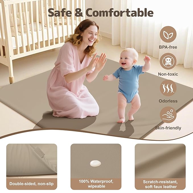 Baby Play Mat 47x47 Inches, Extra Thick 1.2" Foam Floor Mat for Tummy Time & Crawling, Waterproof Non-Slip Faux Leather Playpen Mat for Infants Toddlers, Indoor Outdoor Gym Activity, Brown-CubbioJoy