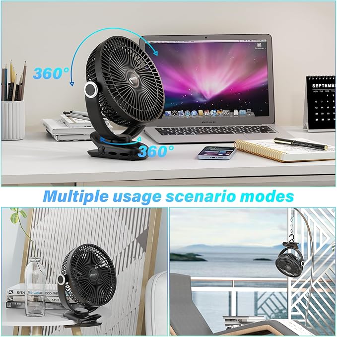 12000mAh Clip on Fan 30H Longest Runtime, 8in Portable Fan Rechargeable, Ultra Quiet with Heavy-Duty Clamp, USB Desk Fans for Golf Cart,Office Desk, Treadmill, Camping, Bedroom-CubbioJoy