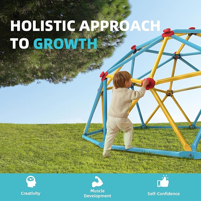 Climbing Dome, 10FT Jungle Gym with Swing for Kids 3 to 10 Outdoor Play Equipment, Supports 800lbs Toddler Play Set, Anti-Rust & Easy Assembly, Gift for Boys Girls (Yellow & Blue)-CubbioJoy