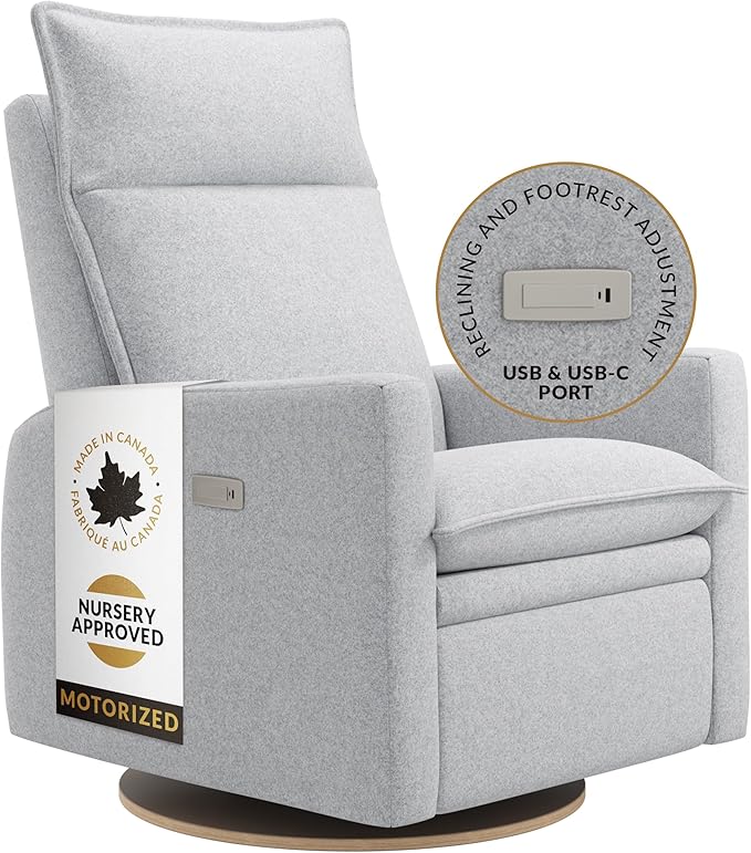 Arya Modern Nursery Chair Glider Recliner with 180° Swivel - Cozy Motorized Reclining Nursing Chair with USB Ports, Gentle Motion, Ergonomic Design, Canadian-Made (Heather Grey/ARLO Fabric)-CubbioJoy