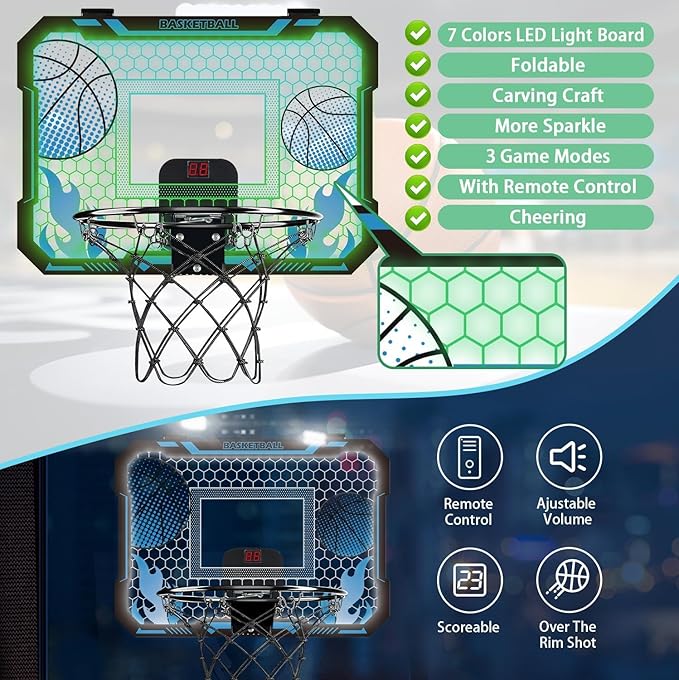 Indoor Basketball Hoop for Kids with Led Lights Mini Basketball Hoop with Remote Control Over The Door Basketball Hoops with Scoreboard Basketball Toys for 4-12 Year Old Boys Girls-CubbioJoy