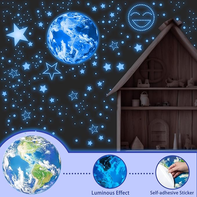 965 PCS Glow in The Dark Stars and Earth for Ceiling, Luminous Stars and Planet Wall Decals, Kids Room Decor, Glowing Galaxy Wall Stickers for Nursery Decorations (Blue)-CubbioJoy