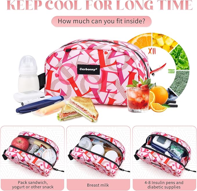 Cerbonny Small Cooler Bag Freezable Lunch Bag for Work School Travel, Leak-Proof, Insulated, Portable, Lightweight, 2.5L, Love Pattern-CubbioJoy
