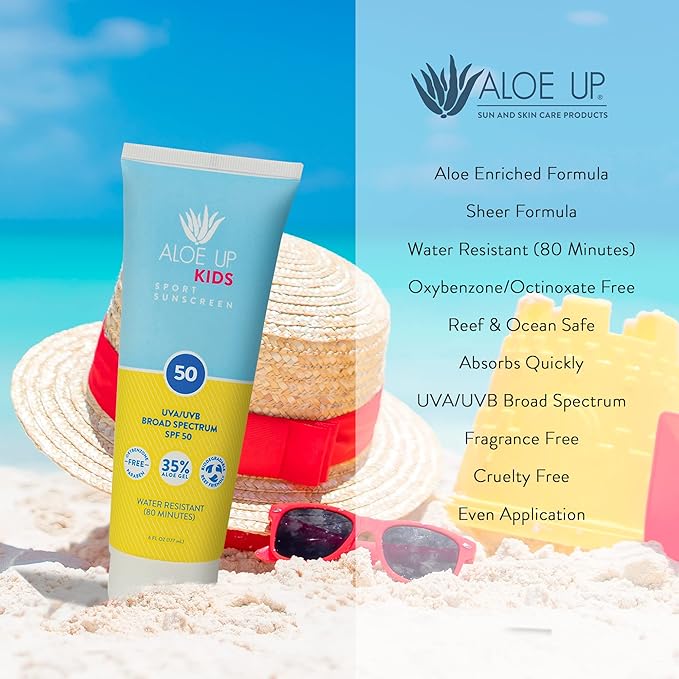 Aloe Up Kids Sport Sunscreen Lotion SPF 50 - Broad Spectrum Sheer Face and Body Sunscreen Protector for Sensitive Skin - With Aloe Vera Gel - Dries Fast - Reef Safe - Fragrance-Free - 6 Oz-CubbioJoy