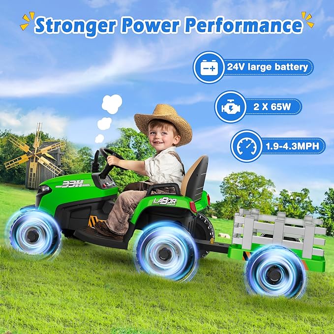 24V Ride On Tractor w/Tiltable & Detachable Trailer, 2x65W Motors, EVA Tires, Remote Control, Bluetooth, Shifter, Music, Electric Car for Kids, Green-CubbioJoy