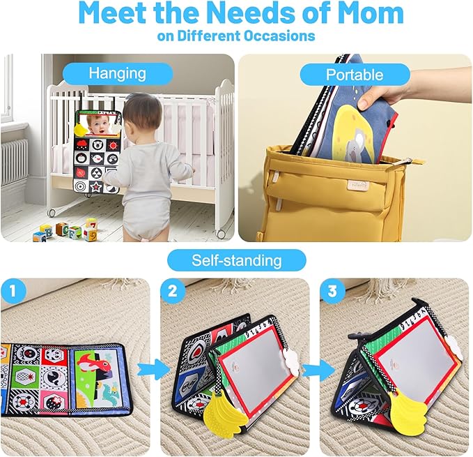 Baby Mirror Toys for Tummy Time, Newborn Infant 0 3 4 6 12 Months Old Boy, Girl Gift. Brain Developmental Montessori Sensory High Contrast Crinkle Book w Safe Mirror for Floor, Crib, Car, Bouncer-CubbioJoy