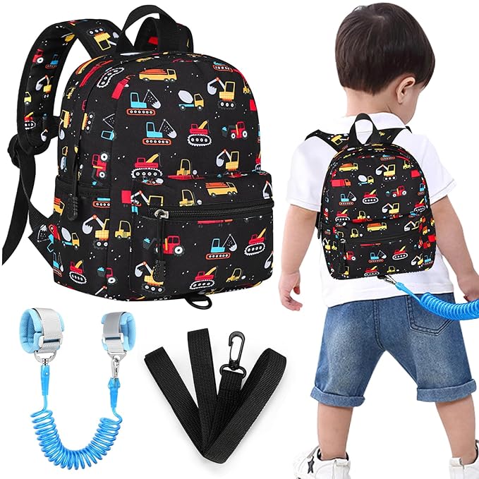 Accmor Toddler Backpack with Leash, Baby Backpacks with Anti Lost Wrist Link, Cute Mini Kids Backpack Leash Walking Harness for Travel, Small Excavator Backpack Tether for Boys Girls 1-3 (Black)-CubbioJoy