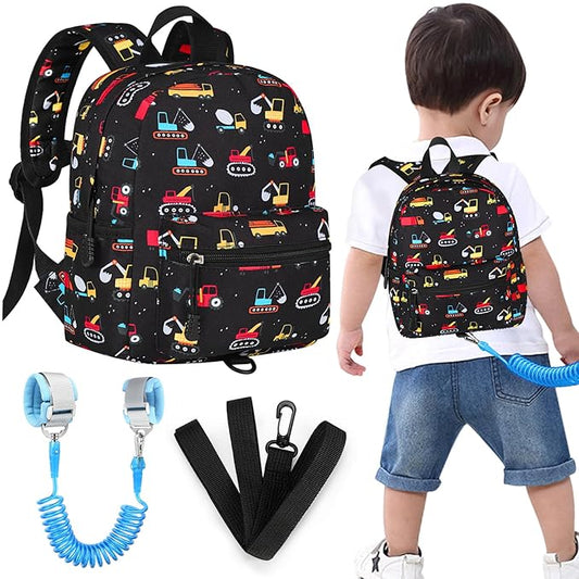 Accmor Toddler Backpack with Leash, Baby Backpacks with Anti Lost Wrist Link, Cute Mini Kids Backpack Leash Walking Harness for Travel, Small Excavator Backpack Tether for Boys Girls 1-3 (Black)-CubbioJoy