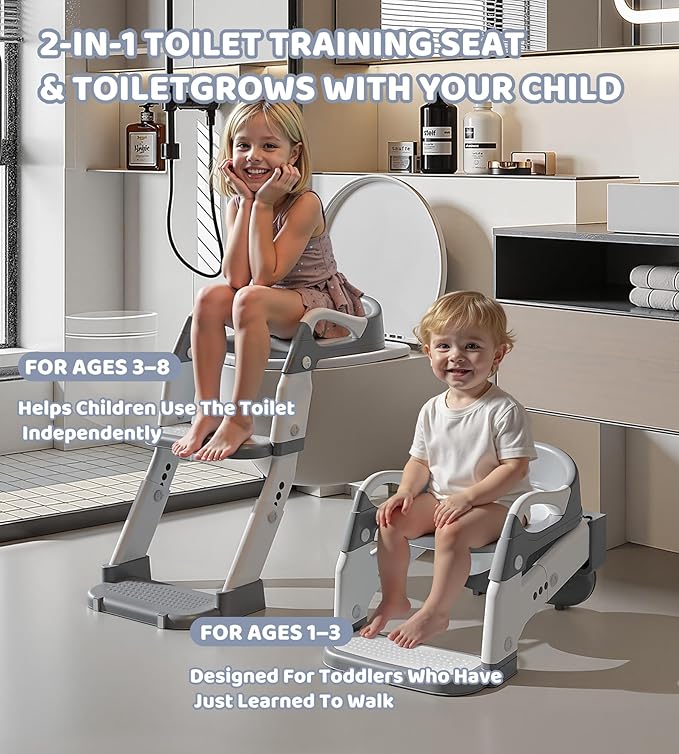 2-in-1 Toddler Potty Training Toilet Seat with Step Stool Ladder – Adjustable Height Potty Chair Urinal for Baby Boys Girls Age 1-3, Foldable Training Potty with Splash Guard & Anti-Slip Feet, Grey-CubbioJoy