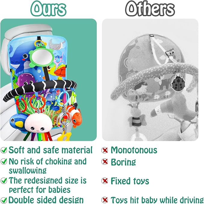 Baby Car Seat Ocean Animals Toys - Kick and Play Double Sided Infant Car Seat Toys with Plush Toys, Mirror, Teether for Baby Travel Activities, Christmas Birthday Gifts Newborn Infant Toy-CubbioJoy