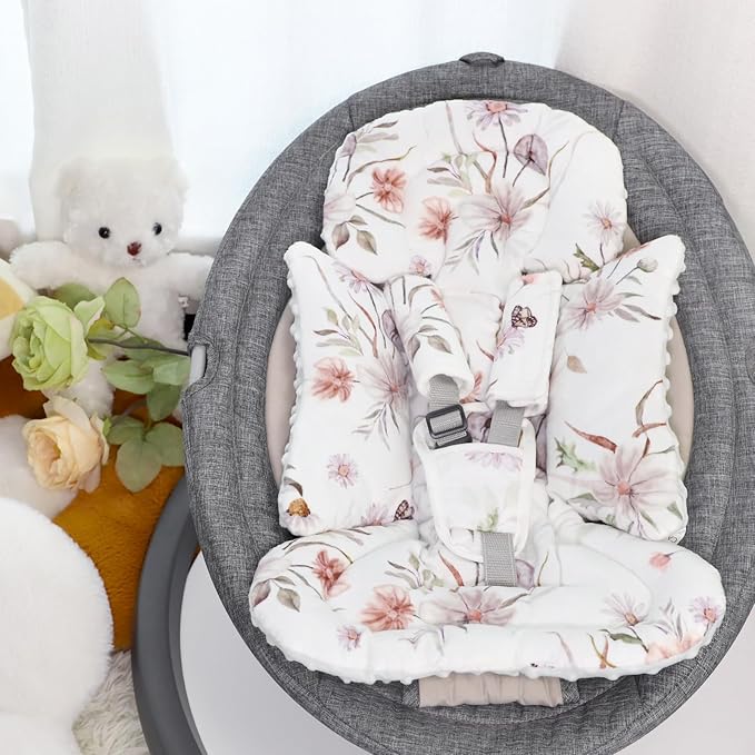 Infant Car Seat Insert and Strap Covers, Very Soft Car Seat Head Support Baby Girl Boy, Reversible Newborn Carseat Insert Cushion Fits for Stroller, Baby Swing, Bouncer (White Flower)-CubbioJoy