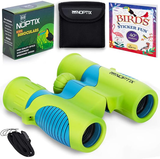 Binoculars for Kids, Girls or Boys Real Kids Binoculars in Vibrant Green Blue - Includes Sticker Book with 40 Bird Species - Small Toys for Toddlers-CubbioJoy