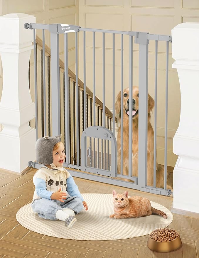 Babelio 36" Tall Upgraded Baby Gate with Cat Door,29-43" Auto Close Durable Dog Gate for Stairs,Doorways and House,Easy Walk Thru,Includes 4 Wall Cups,Gray-CubbioJoy
