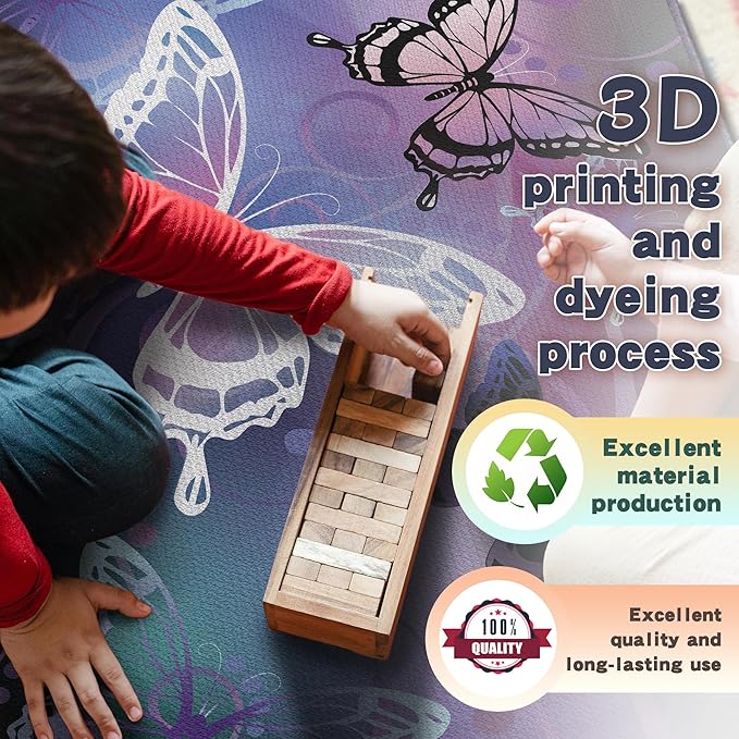 Beautiful Butterfly Fantasy Rug for Playroom Girls Bedroom Colorful Rainbow Butterfly Decor Area Carpet 3x4 Purple Mat 3D Printed Non-Slip Washable-CubbioJoy