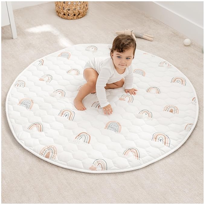 Comfy Cubs Round Kids Play Mat - Medium 48 inches Soft Quilted Baby Floor Mat with Non-Slip Bottom - Plush Design for Toddlers' Playtime and Relaxation - Comfortable and Durable - Rainbow-CubbioJoy