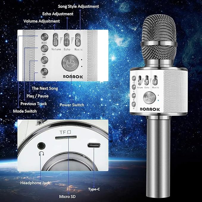 BONAOK Wireless Bluetooth Karaoke Microphone,3-in-1 Portable Handheld Karaoke Mic Speaker Machine Home Party Birthday for All Smartphones Q37 (Space Gray)-CubbioJoy