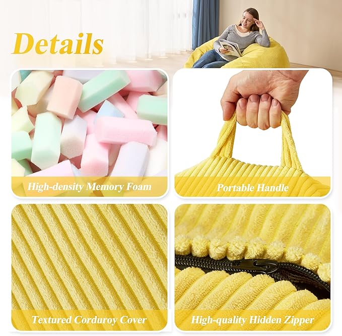 3.5FT Bean Bag Chairs Teardrop Bean Bag Chair for Adults Beanbag Chair with Memory Foam Filled Machine Washable Cover for Living Room, Bedroom (Large,Yellow)-CubbioJoy