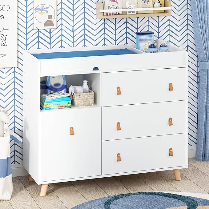 Baby Dresser Changing Table with Drawers,Shelf,Hidden Laundry Basket Storage,2 in 1 Nursery Dresser Chest for Infants, Baby Diaper Changing Station for Daycare,Bedroom,White-CubbioJoy