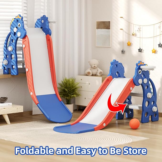 67i Toddler Slide for Indoor & Outdoor Play with Basketball Hoop, Anti-Slip Steps, 46.8in Baby Climber (Blue)-CubbioJoy