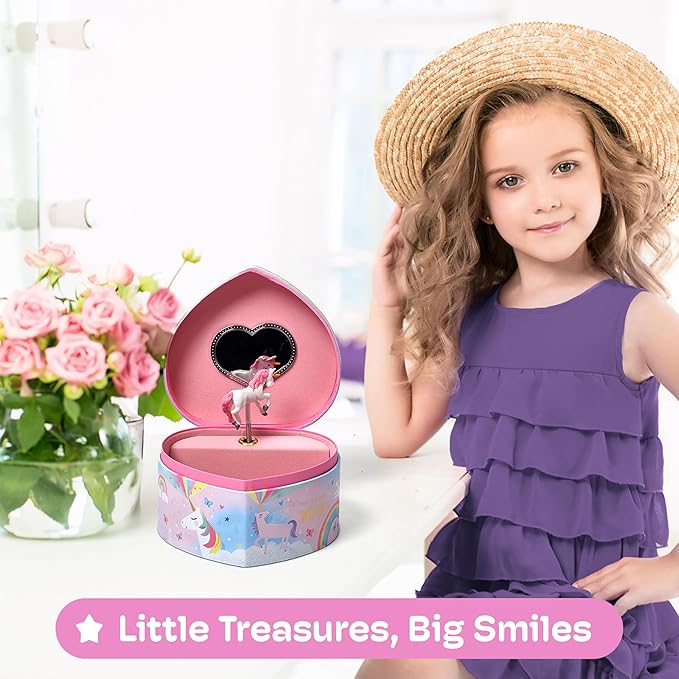 Jewelkeeper Music Jewelry Box for Girls - Sturdy Plastic with Fancy Mirror Twirling Unicorn Figurine and Flocked Lining - Kids Jewelry Box for Secrets and Keepsakes - Heart Shaped Unicorn Print-CubbioJoy