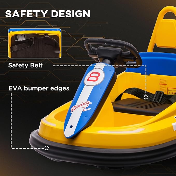 Aosom Toddler Bumper Car, 360° Rotation 6V Kids Electric Ride on Bumper Car with EVA Bumper Edges, Twins Motor, Songs, Horn, LED Lights, Safety Belt for 18-48 Months, Yellow-CubbioJoy