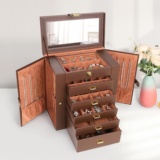 Kendal Extra Large Jewelry Box Jewelry Case PU Leather 6 Tier 5 Drawers Large Storage Capacity with Mirror Jewelry Storage Organizer Great Gift Also Good For Watches LJC-SHD5BN (Brown)-CubbioJoy
