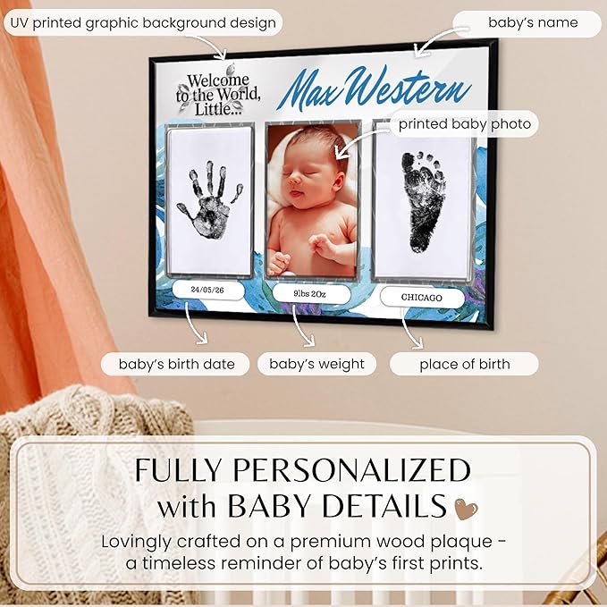 Inkless Hand and Footprint Kit, Baby Keepsake Plaque & Baby Shower Gifts - Ideal as Mom To Be Gift, Nursery Picture Frames, Clean Touch Hand and Footprint Kit (Style 1 - Design 3)-CubbioJoy